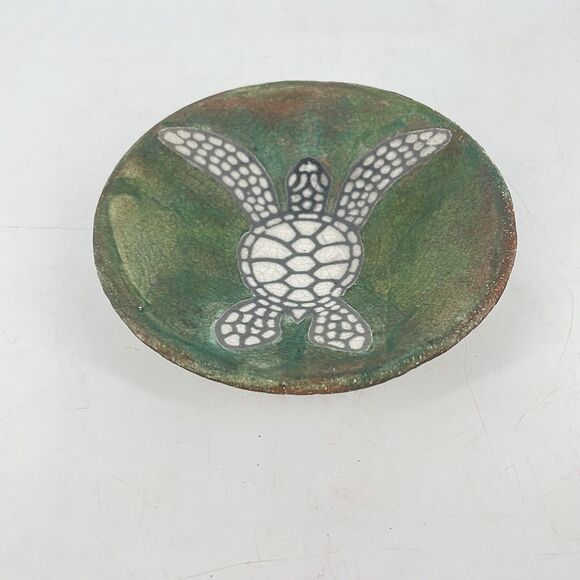 Raku Pottery Sea Turtle Marine Ocean Trinket Dish Signed C Matti Maui 5 1/4” - Picture 1 of 5